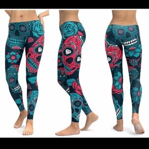 Sugar skull flower blue red leggings